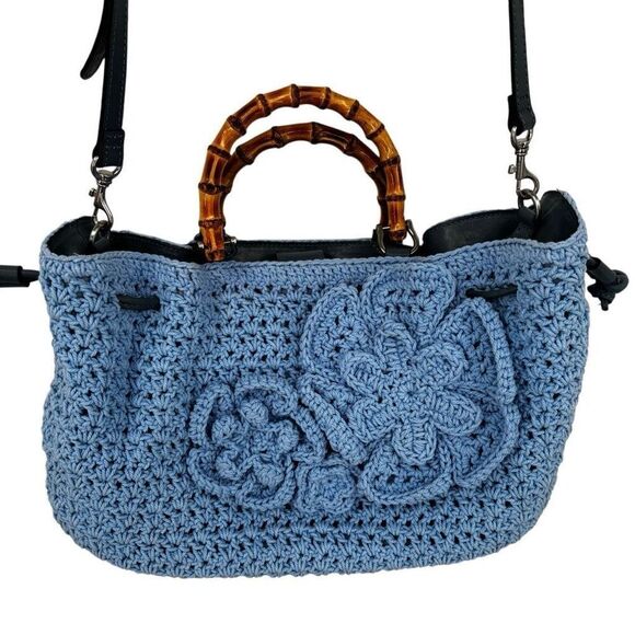 Patricia Nash Handbags - Patricia Nash Safflower Blue Cantinella Crochet Bag with Bamboo Handles